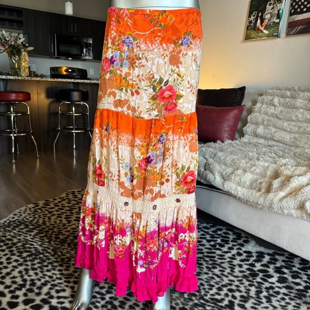 Y2K Boho Floral Tiered Maxi Skirt Orange Pink 🌿
